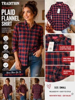 Tradition Women’s Red Navy Plaid Flannel Button Up Shirt Small NWT